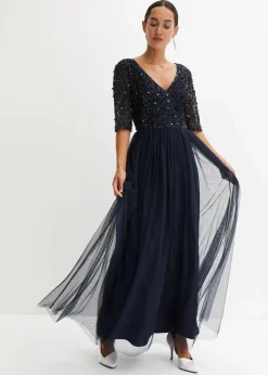 bonprix Kleider|Festliche Mode|Abendkleid aus zartem Tüll mit Paillettenstickerei dunkelblau