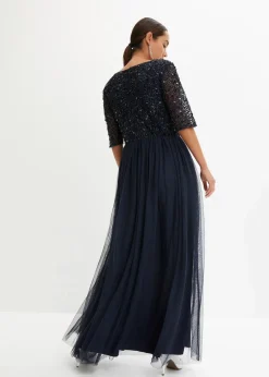 bonprix Kleider|Festliche Mode|Abendkleid aus zartem Tüll mit Paillettenstickerei dunkelblau