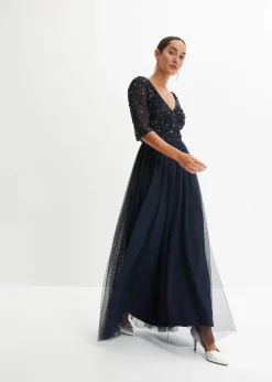 bonprix Kleider|Festliche Mode|Abendkleid aus zartem Tüll mit Paillettenstickerei dunkelblau