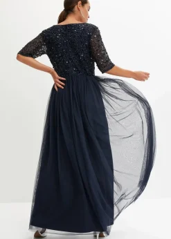 bonprix Kleider|Festliche Mode|Abendkleid aus zartem Tüll mit Paillettenstickerei dunkelblau