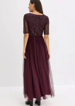 bonprix Kleider|Festliche Mode|Abendkleid aus zartem Tüll mit Paillettenstickerei weinrot