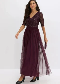bonprix Kleider|Festliche Mode|Abendkleid aus zartem Tüll mit Paillettenstickerei weinrot