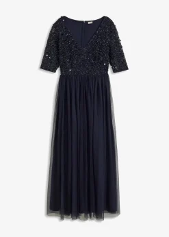 bonprix Bekleidung·Pullover & Strickjacken|Kurzgrößen|Abendkleid aus zartem Tüll mit Paillettenstickerei dunkelblau