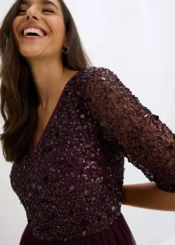 bonprix Bekleidung·Pullover & Strickjacken|Kurzgrößen|Abendkleid aus zartem Tüll mit Paillettenstickerei dunkelblau