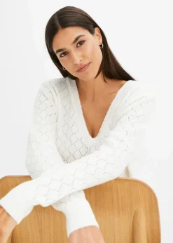 bonprix Bekleidung·Umstandsmode|Bekleidung·Jeans|Ajour-Pullover wollweiß