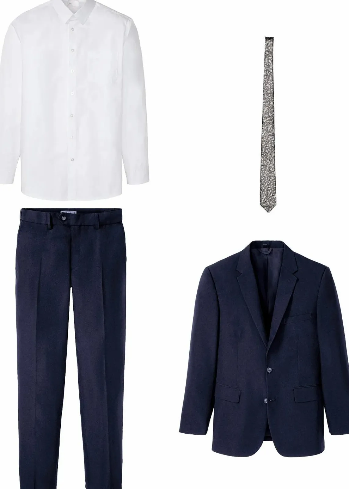 bonprix Anzüge & Sakkos|Große Größen|Anzug mit Hemd und Krawatte (4-tlg.Set), Regular Fit dunkelblau/weiß/puderblau