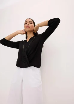 3/4-Arm Shirt mit Spitze in Wickeloptik|bonprix Outlet