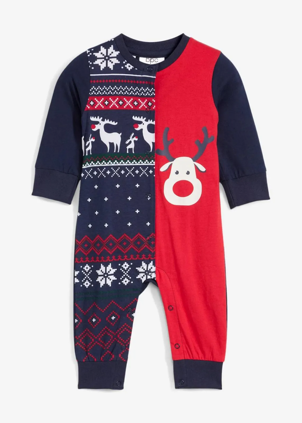 bonprix Bodys & Strampler|Baby Wäsche|Baby Overall mit Weihnachtsmotiv rot/dunkelblau bedruckt