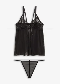 bonprix Große Cups D-H|Nachtwäsche|Babydoll + String (2-tlg.Set) schwarz