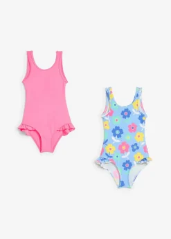 bonprix Jungen|Mädchen|Badeanzug (2er Pack) neonpink + bunt geblümt