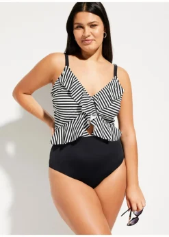 bonprix Nachhaltigere Materialien|Bademode·Badeanzüge|Badeanzug mit Volant schwarz/weiß gestreift