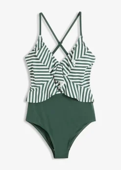 bonprix Nachhaltigere Materialien|Badeanzüge|Badeanzug mit Volant oliv/weiß gestreift