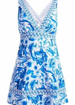 bonprix Nachhaltigere Materialien|Badekleider|Badekleid mit V-Ausschnitt weiß/blau floral