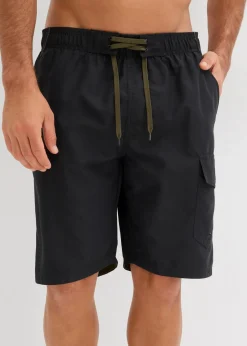 bonprix Große Größen|Badehosen|Badeshorts mit seitlicher Tasche schwarz/dunkeloliv