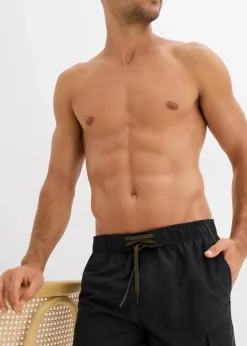bonprix Große Größen|Badehosen|Badeshorts mit seitlicher Tasche schwarz/dunkeloliv