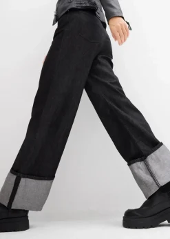 bonprix Kurzgrößen|Bekleidung·Shirts & Tops|Baggy-Jeans Mid Waist schwarz denim