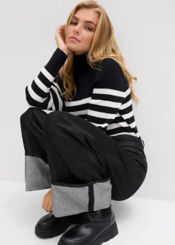 bonprix Kurzgrößen|Bekleidung·Shirts & Tops|Baggy-Jeans Mid Waist schwarz denim