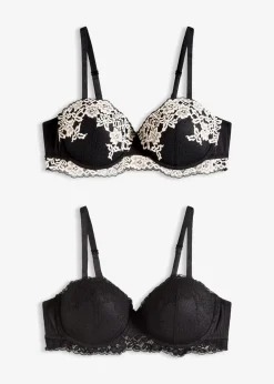 bonprix Wäsche·Dessous|Wäsche·Große Cups D-H|Balconette-BH aus zweifarbiger Spitze (2er Pack) schwarz/wollweiß + schwarz