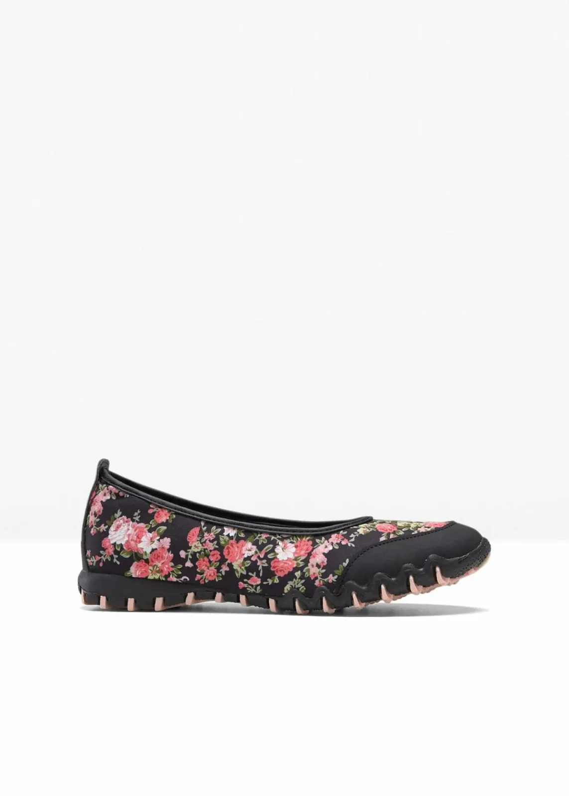 bonprix Sommerschuhe|Schuhe & Accessoires In Spezialgrößen·Schuhe In Übergröße|Ballerinas mit Profilsohle schwarz geblümt