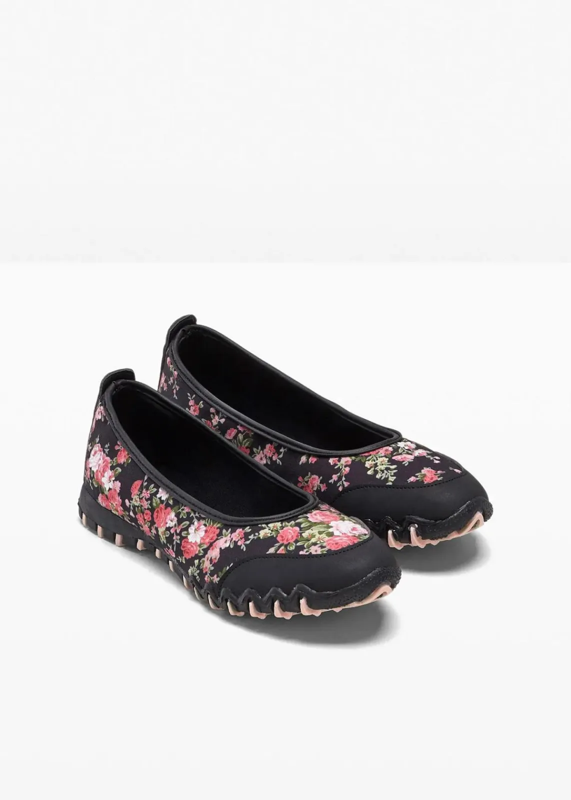 bonprix Sommerschuhe|Schuhe & Accessoires In Spezialgrößen·Schuhe In Übergröße|Ballerinas mit Profilsohle schwarz geblümt