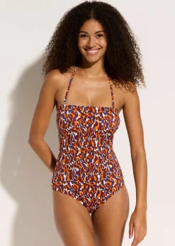 bonprix Nachhaltigere Materialien|Badeanzüge|Bandeau-Badeanzug mit Multiway-Trägern lila/hellbraun leo bedruckt