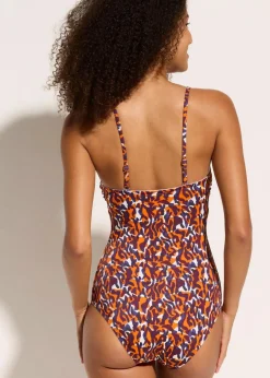 bonprix Nachhaltigere Materialien|Badeanzüge|Bandeau-Badeanzug mit Multiway-Trägern lila/hellbraun leo bedruckt