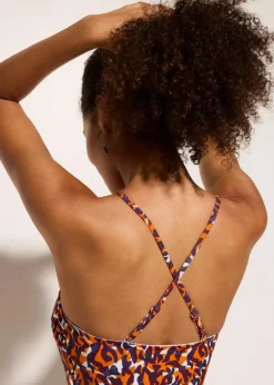 bonprix Nachhaltigere Materialien|Badeanzüge|Bandeau-Badeanzug mit Multiway-Trägern lila/hellbraun leo bedruckt
