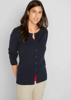 bonprix Pullover & Strickjacken|Basics|Basic Feinstrickjacke mit recycelter Baumwolle dunkelblau
