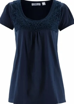 bonprix Nachhaltigere Materialien|Shirts & Tops|Baumwoll Shirt mit Spitze, Kurzarm dunkelblau