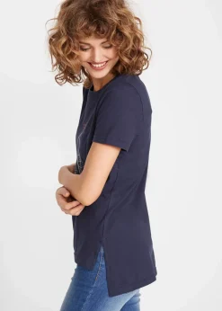 Baumwoll T-Shirt mit Seitenschlitz und Druck|bonprix Sale