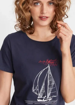 Baumwoll T-Shirt mit Seitenschlitz und Druck|bonprix Sale