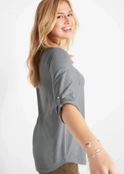 bonprix Shirts & Tops|Baumwoll-Henleyshirt mit Knopfleiste rauchgrau meliert