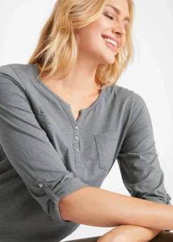 bonprix Shirts & Tops|Baumwoll-Henleyshirt mit Knopfleiste rauchgrau meliert