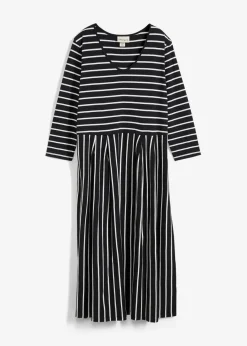 bonprix Bekleidung·Pullover & Strickjacken|Kleider|Baumwoll-Jerseykleid, Midilänge schwarz/wollweiß gestreift
