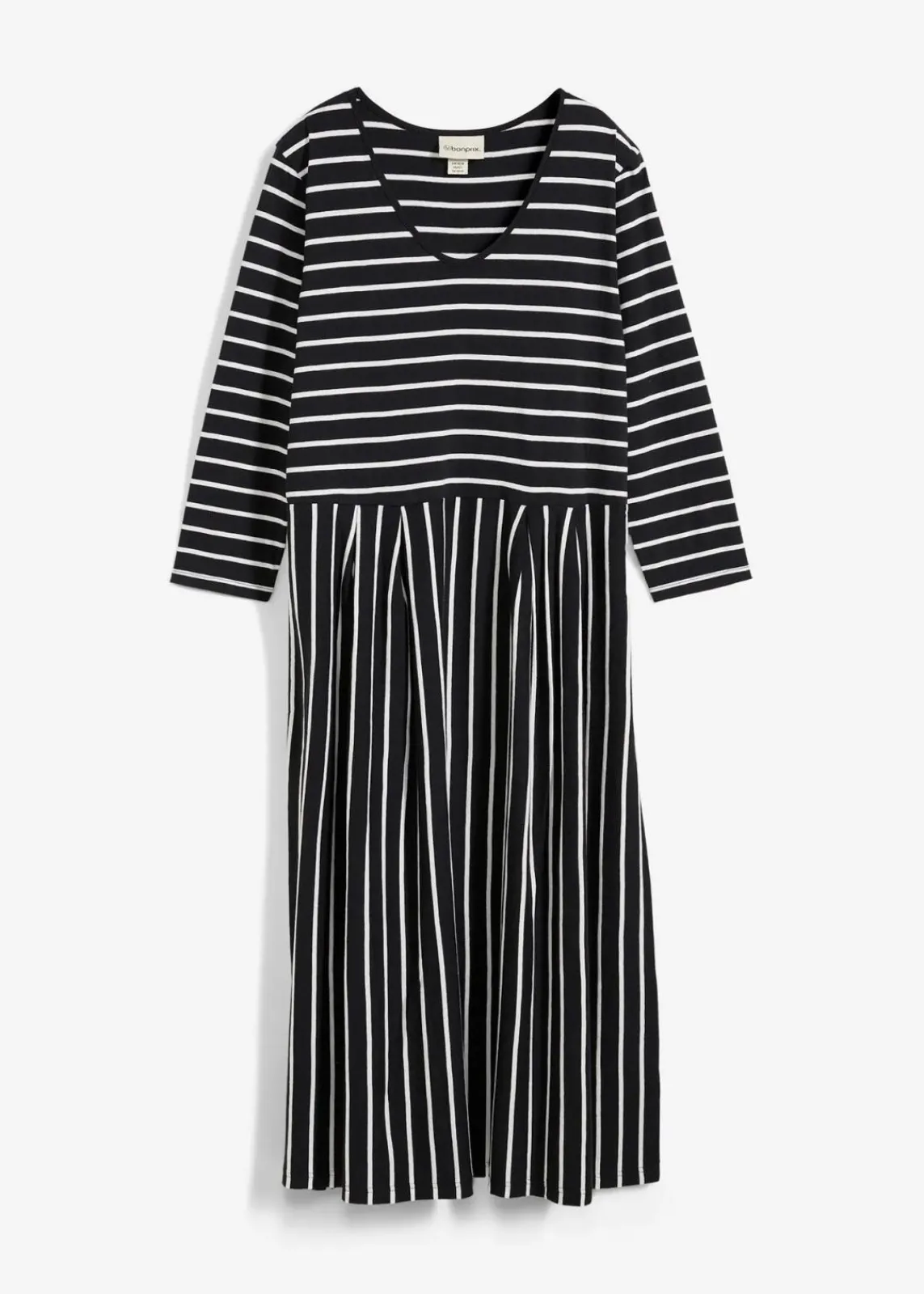 bonprix Bekleidung·Pullover & Strickjacken|Kleider|Baumwoll-Jerseykleid, Midilänge schwarz/wollweiß gestreift