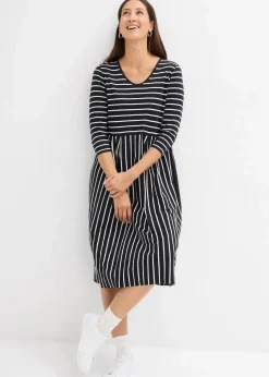 bonprix Bekleidung·Pullover & Strickjacken|Kleider|Baumwoll-Jerseykleid, Midilänge schwarz/wollweiß gestreift