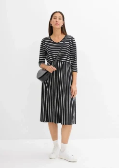 bonprix Bekleidung·Pullover & Strickjacken|Kleider|Baumwoll-Jerseykleid, Midilänge schwarz/wollweiß gestreift