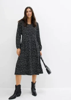 bonprix Kleider|Bekleidung·Pullover & Strickjacken|Baumwoll-Jerseykleid, Midilänge schwarz/wollweiß gepunktet