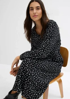 bonprix Kleider|Bekleidung·Pullover & Strickjacken|Baumwoll-Jerseykleid, Midilänge schwarz/wollweiß gepunktet