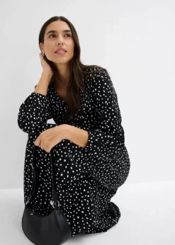 bonprix Kleider|Bekleidung·Pullover & Strickjacken|Baumwoll-Jerseykleid, Midilänge schwarz/wollweiß gepunktet