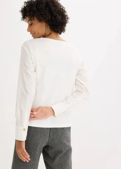 bonprix Shirts & Tops|Baumwoll-Langarmshirt mit Ärmeln aus Popeline wollweiß