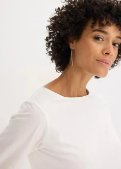 bonprix Shirts & Tops|Baumwoll-Langarmshirt mit Ärmeln aus Popeline wollweiß