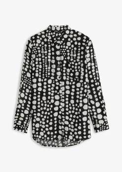 bonprix Blusen & Tuniken|Nachhaltigere Materialien|Bedruckte Longbluse aus nachhaltiger Viskose schwarz/wollweiß gepunktet