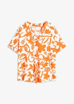 bonprix Bekleidung·Jacken & Mäntel|Blusen & Tuniken|bedruckte Tunikabluse aus fließender Viskose wollweiß/mango floral