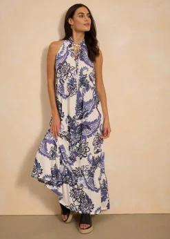 bonprix Bekleidung·Pullover & Strickjacken|Kleider|bedrucktes Jerseykleid weiß/blau paisley