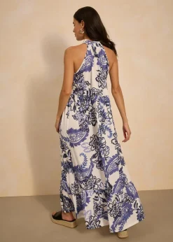 bonprix Bekleidung·Pullover & Strickjacken|Kleider|bedrucktes Jerseykleid weiß/blau paisley