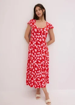 bonprix Kleider|Nachhaltigere Materialien|bedrucktes Jerseykleid aus softem Viskose-Mix rot geblümt