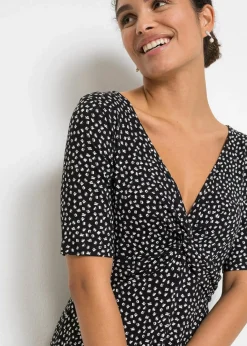 bonprix Bekleidung·Pullover & Strickjacken|Kleider|Bedrucktes Jersey-Kleid mit Drapierung schwarz / weiß graphisch bedruckt