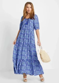 bonprix Bekleidung·Pullover & Strickjacken|Kleider|Bedrucktes Maxikleid aus nachhaltiger Viskose edelsteinblau bedruckt