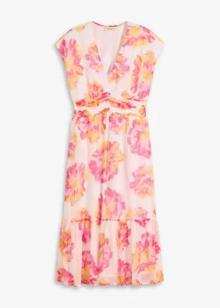 bonprix Bekleidung·Pullover & Strickjacken|Kleider|bedrucktes Midikleid weiß/pink floral